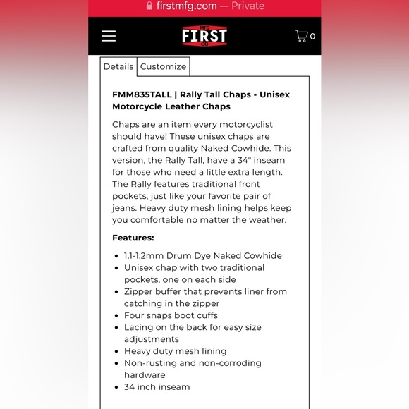 First MFG Co Rally Chaps -Women’s - Picture 3 of 3